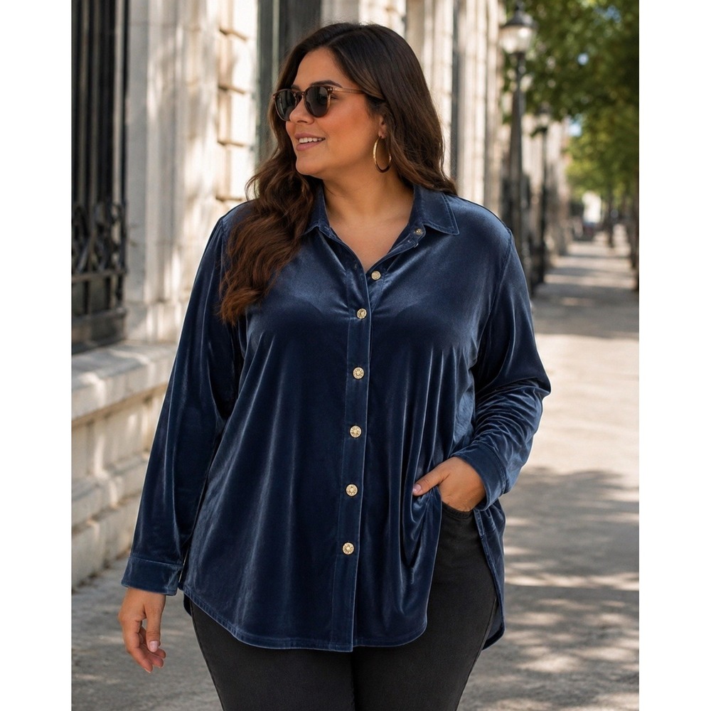 Soft Surroundings Midnight Blue Velvet Button Down Tunic Womens XL Whimsigoth
